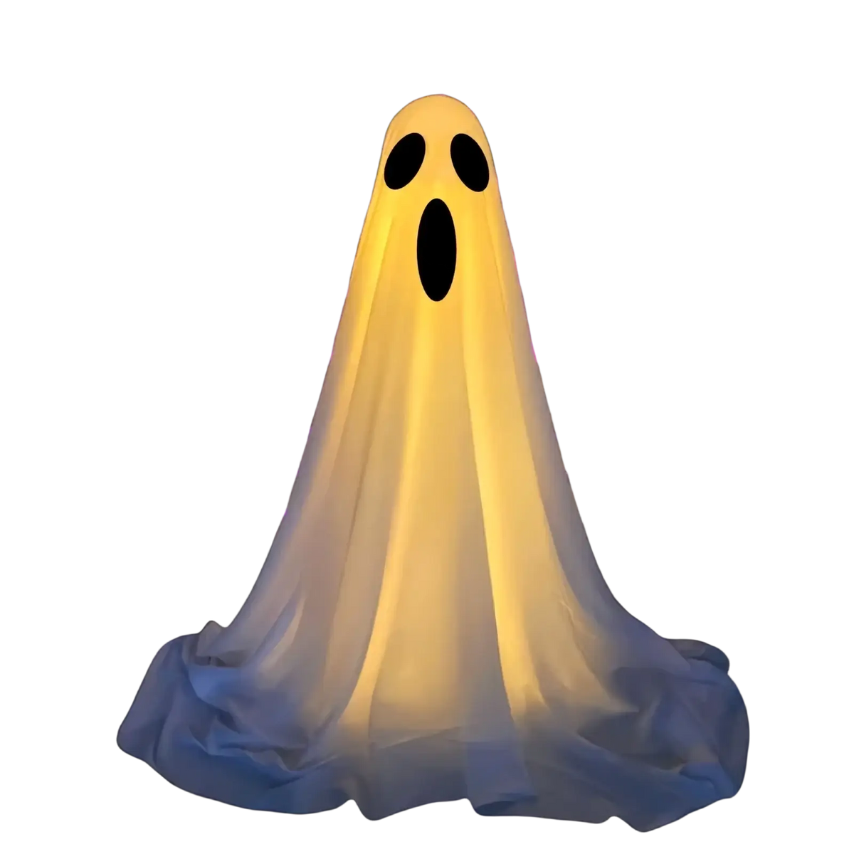 Lighted standing halloween witch hat ghost decor featuring a glowing yellow inflatable ghost with black eye and mouth cutouts made of translucent fabric