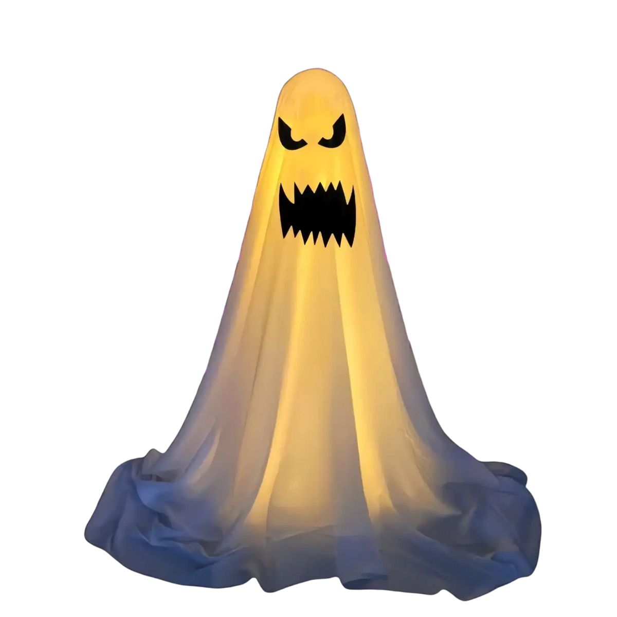 Lighted standing halloween witch hat ghost decor featuring a glowing yellow inflatable ghost with menacing eyes and grin