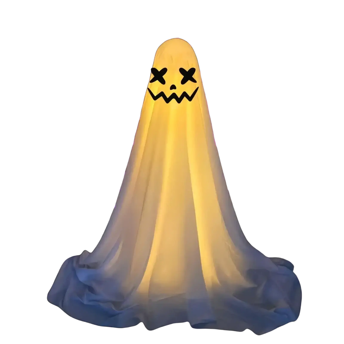 Glowing yellow halloween witch hat ghost decor made of translucent fabric with black x-eyed face and jagged smile