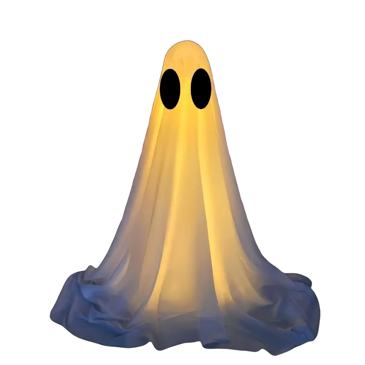 Lighted standing halloween witch hat ghost decor featuring a glowing yellow ghost lantern with black eyes made of translucent fabric