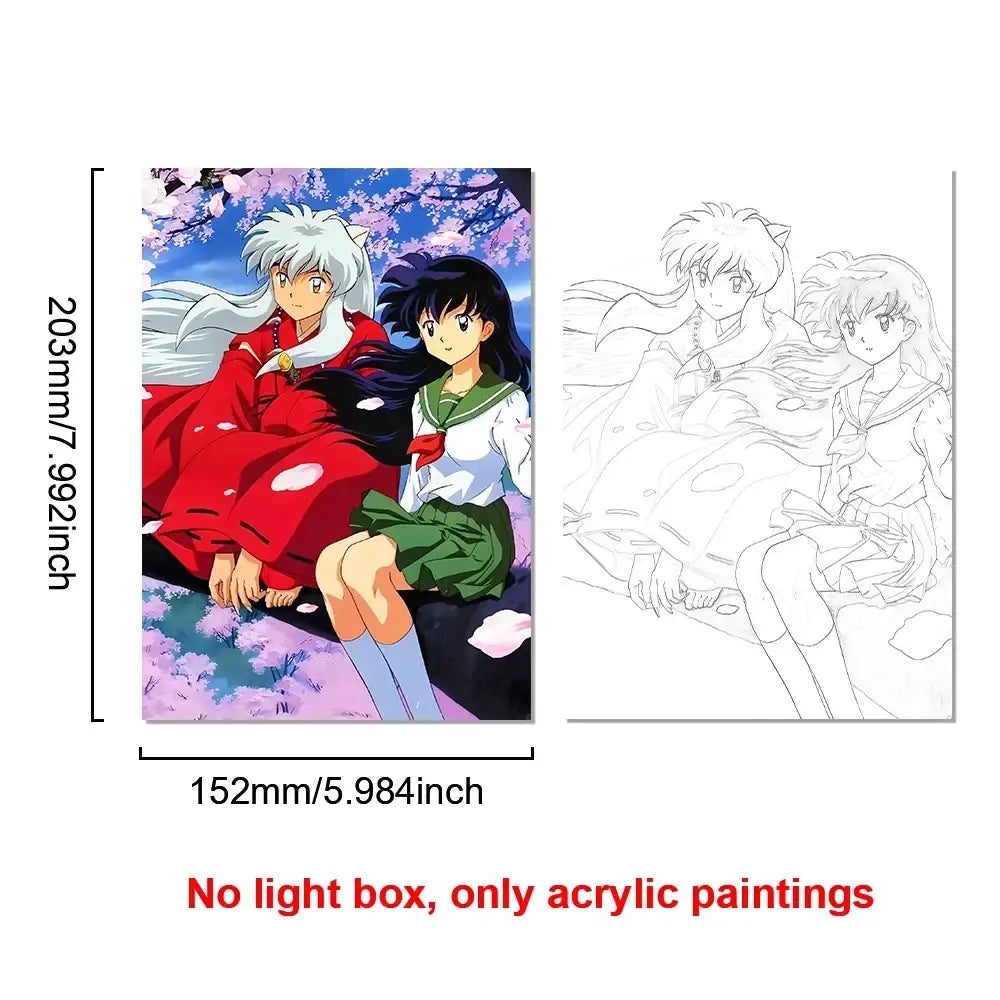 Acrylic lighting painting decoration of inuyasha and kagome under cherry blossoms with line art led night light