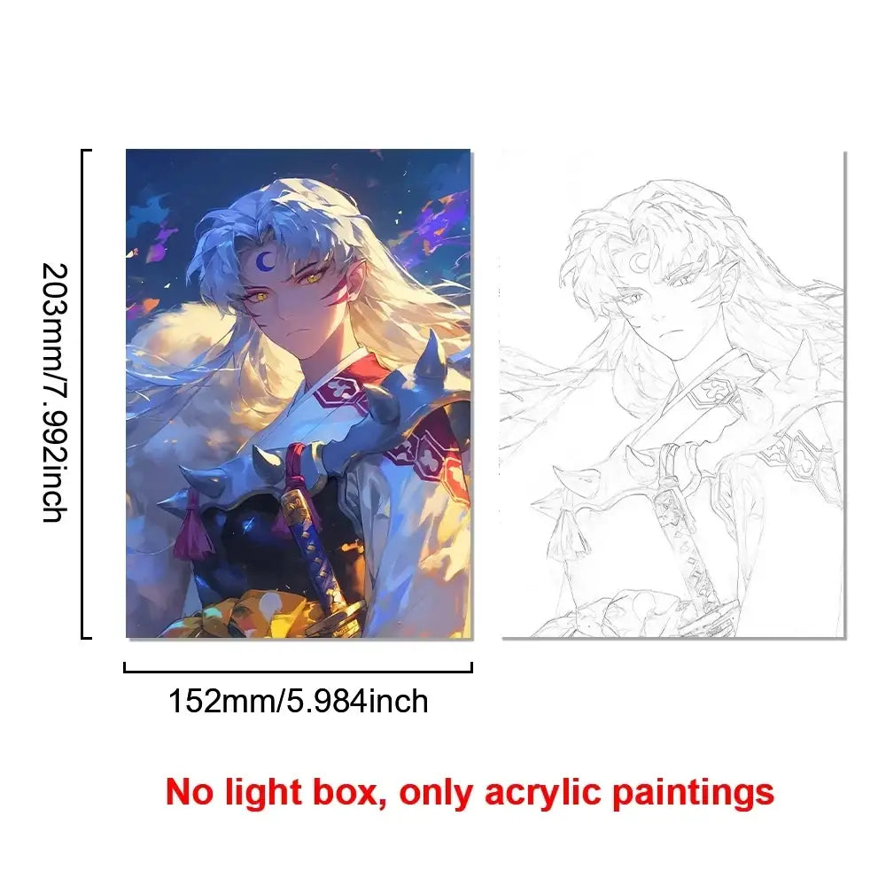 Acrylic lighting painting decoration of a character with silver hair and golden eyes in blue white and red armor