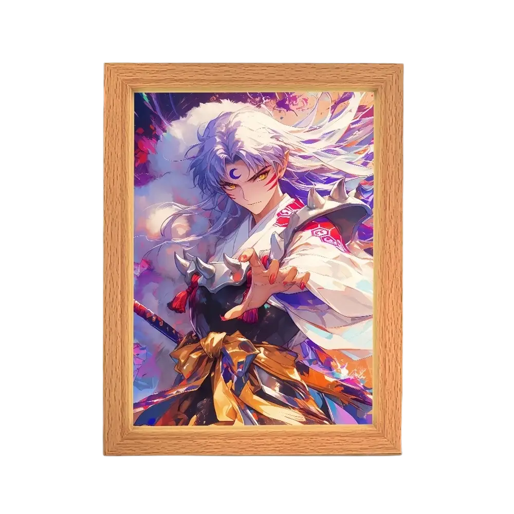 A framed lighting painting decoration featuring inuyasha with long white hair and red markings in a light wood frame