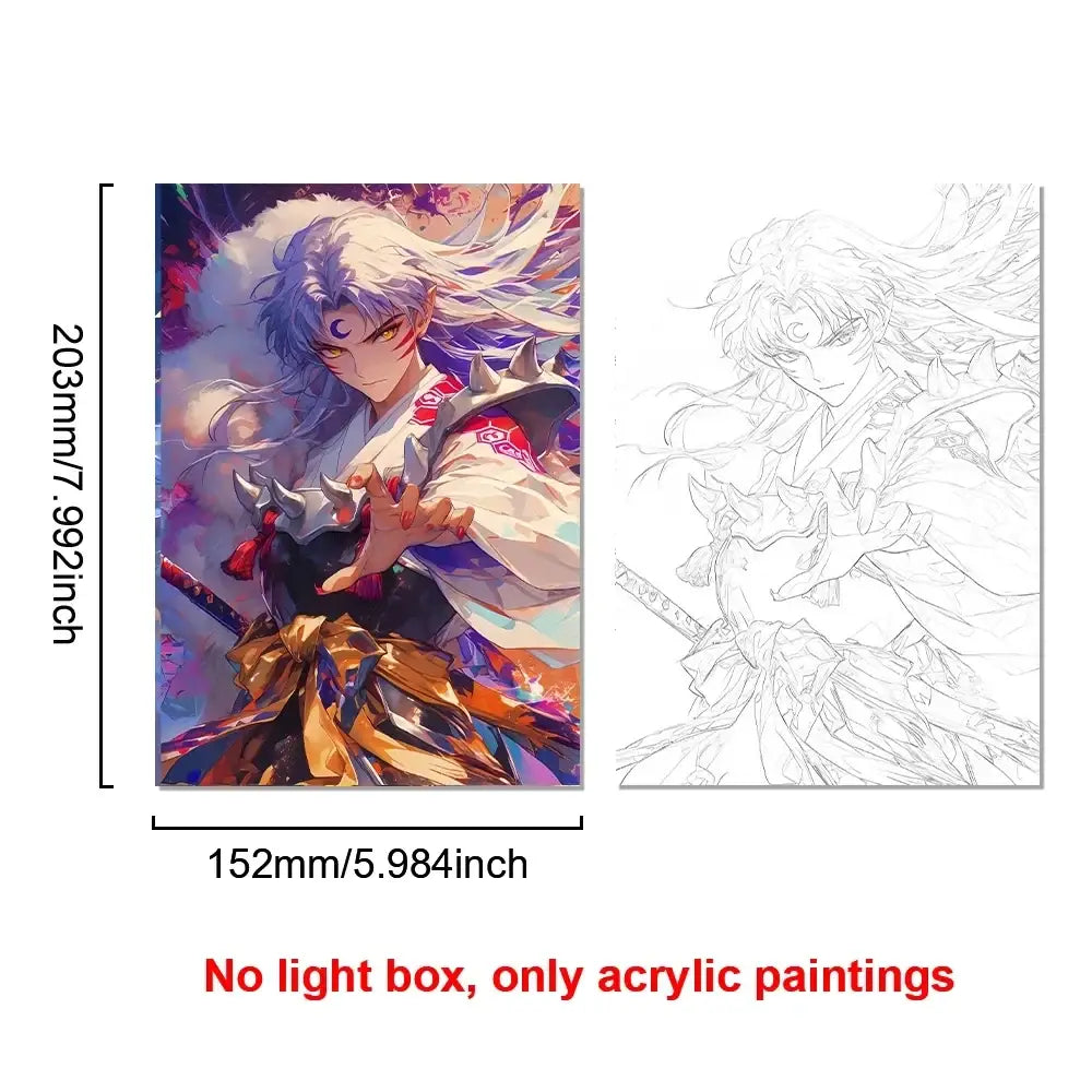 Vibrant lighting painting decoration of an anime character with flowing white hair and detailed traditional outfit
