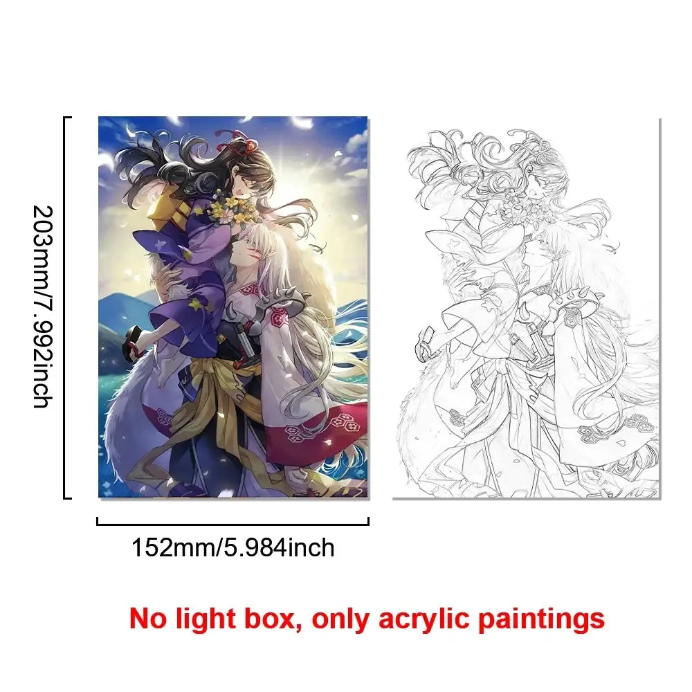 Vibrant acrylic lighting painting decoration featuring two anime characters in traditional Japanese attire with led night light