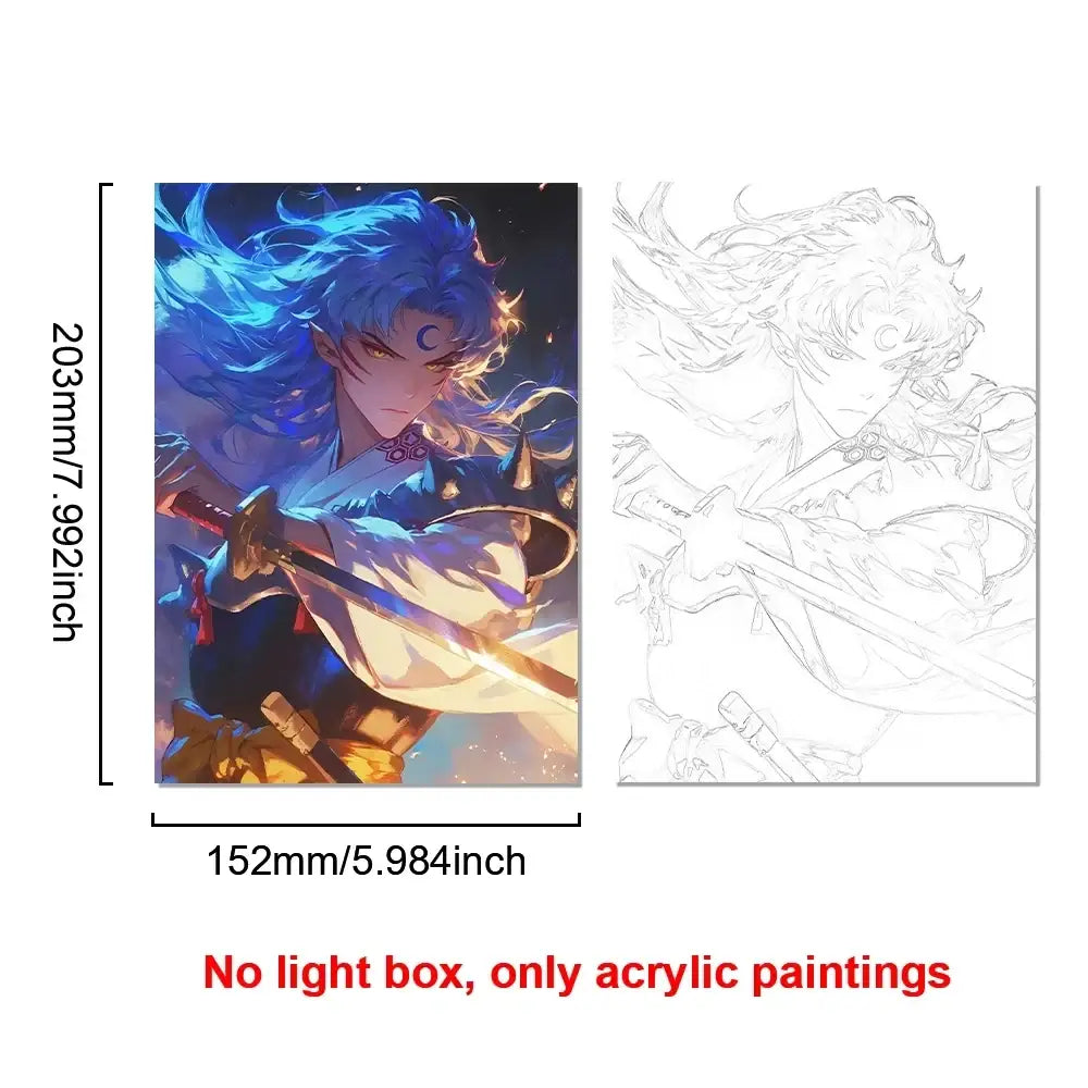 Vibrant blue-haired anime character acrylic lighting painting decoration with dynamic sword pose and glowing orange accents
