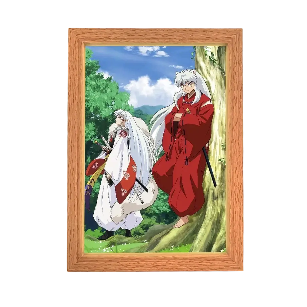 Light wood-framed lighting painting decoration featuring inuyasha characters in red and white robes with led night light