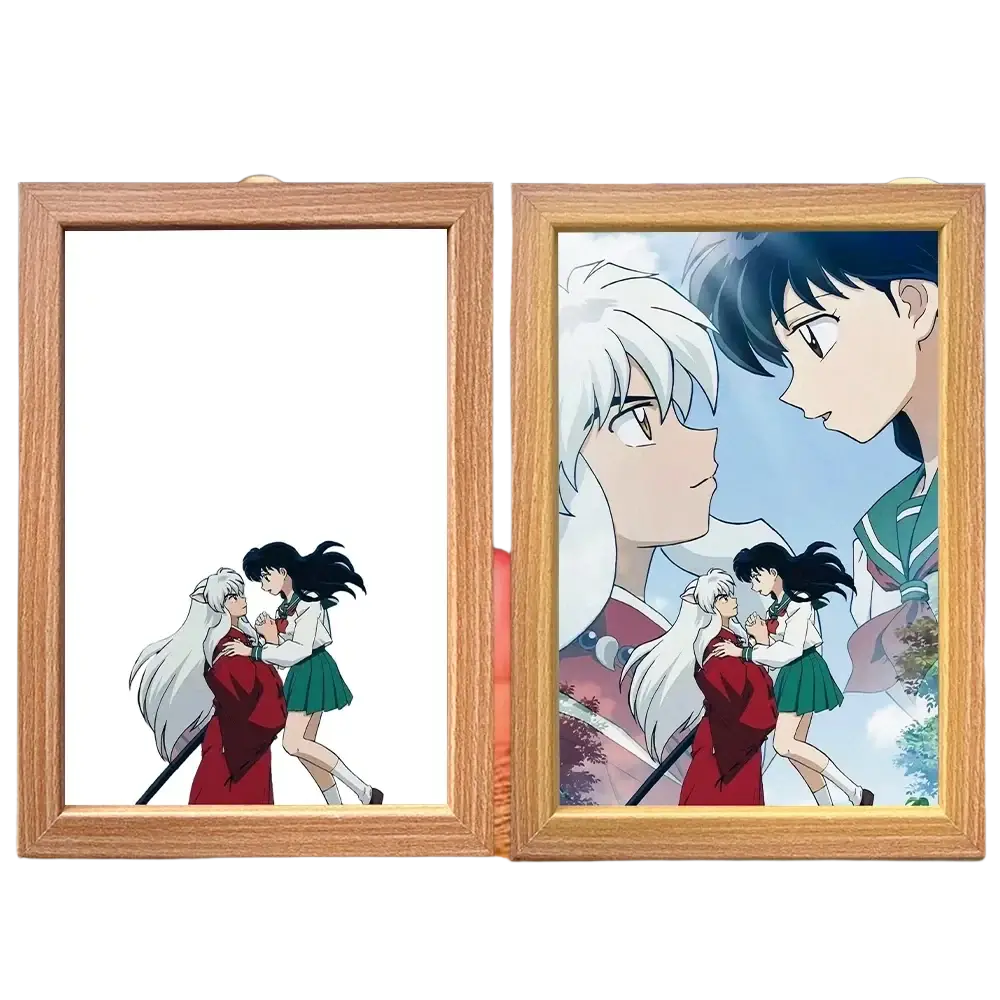Wooden frame lighting painting decoration with anime illustration of inuyasha and kagome and three-color led lighting