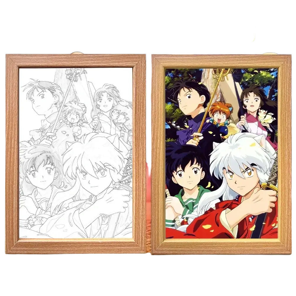 Wooden-framed inuyasha anime character lighting painting decoration with three-color changing led night light feature