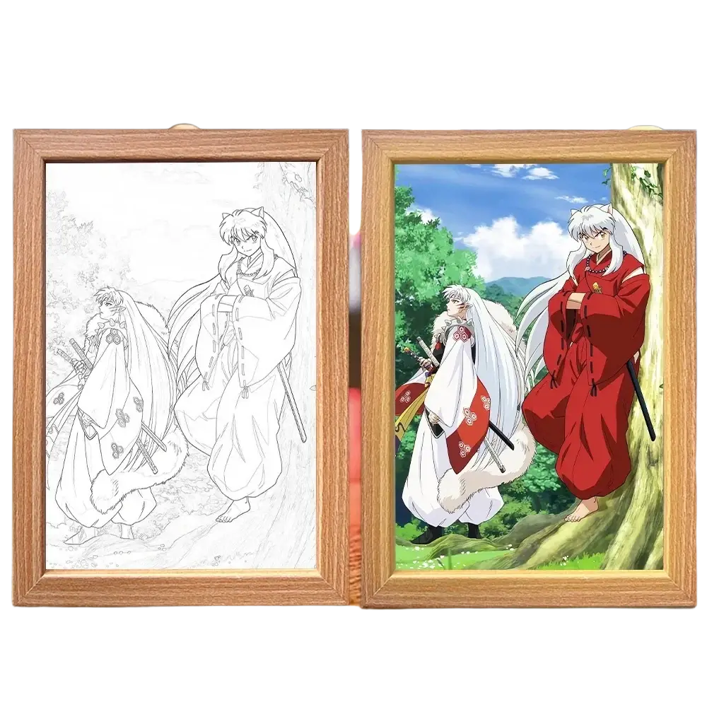 Wooden-framed lighting painting decoration featuring a three-color led night light anime scene with red and white characters