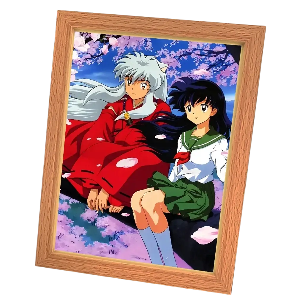 A wooden-framed lighting painting decoration featuring an anime illustration of two characters under cherry blossoms