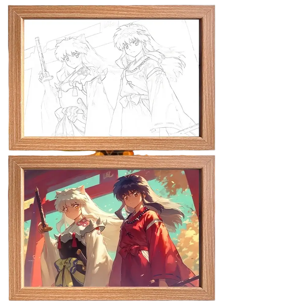 Wooden-framed lighting painting decoration featuring red-attired and white-furred characters from inuyasha with led night light
