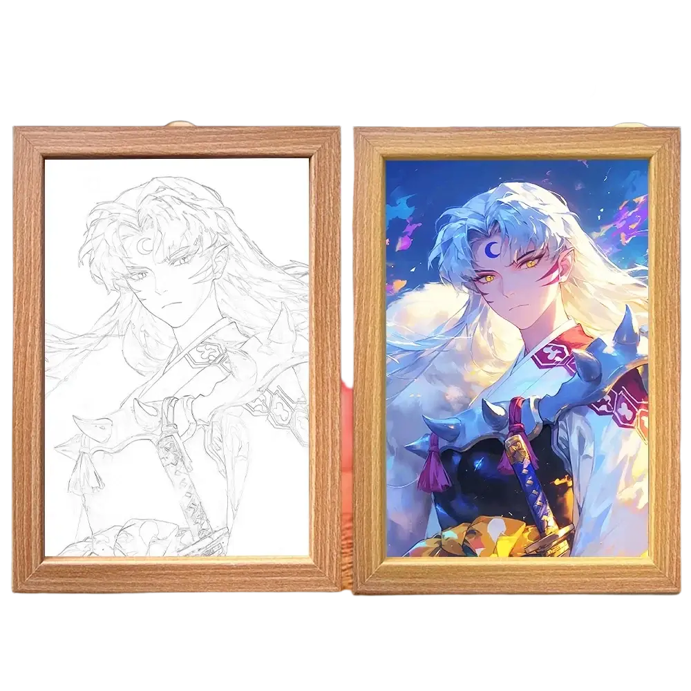 Wooden-framed inuyasha anime lighting painting decoration with three-color changing led night light feature
