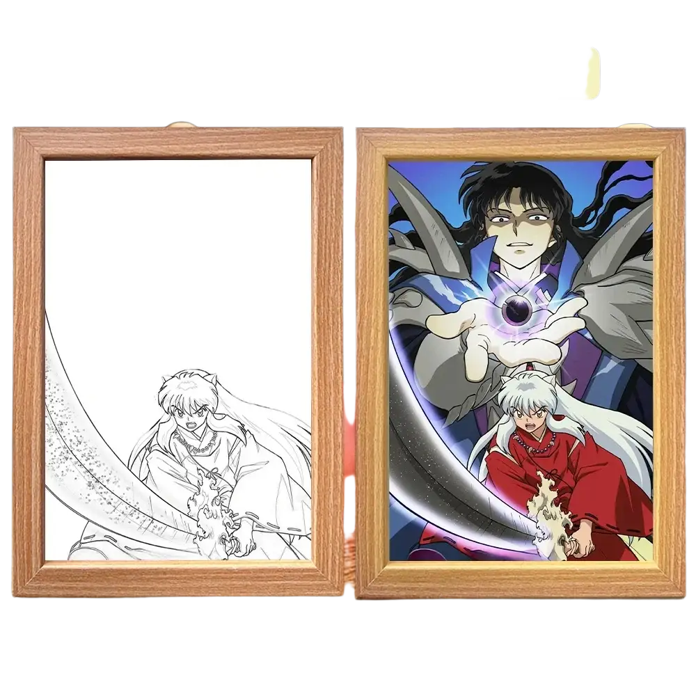 Wooden-framed lighting painting decoration featuring vibrant inuyasha and kagome led night light with dynamic colors