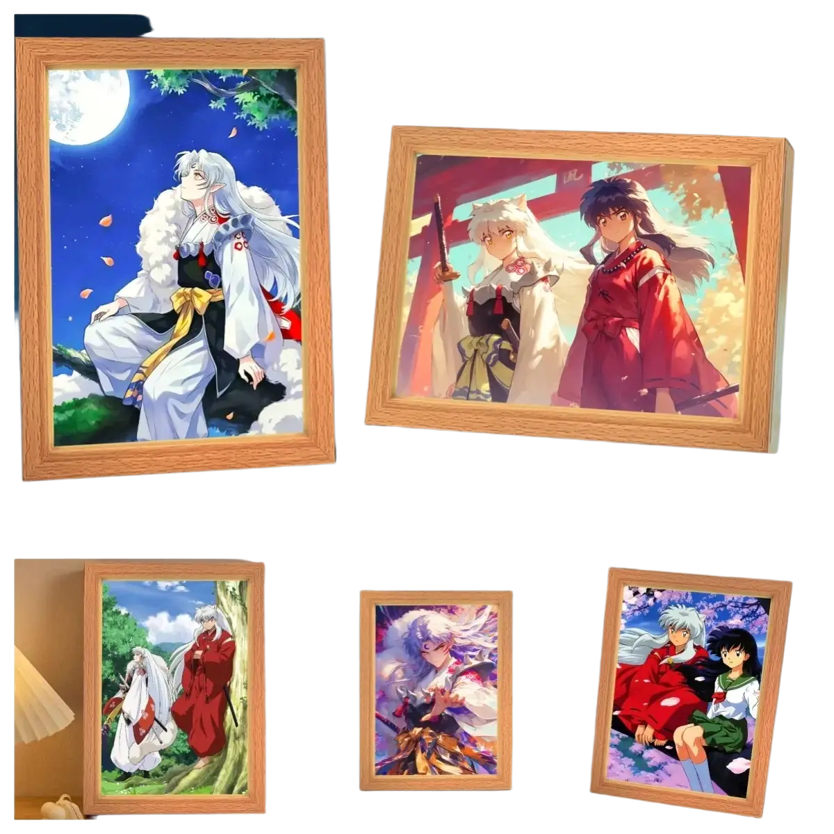Wooden-framed inuyasha anime art prints in lighting painting decoration led night light for room decor