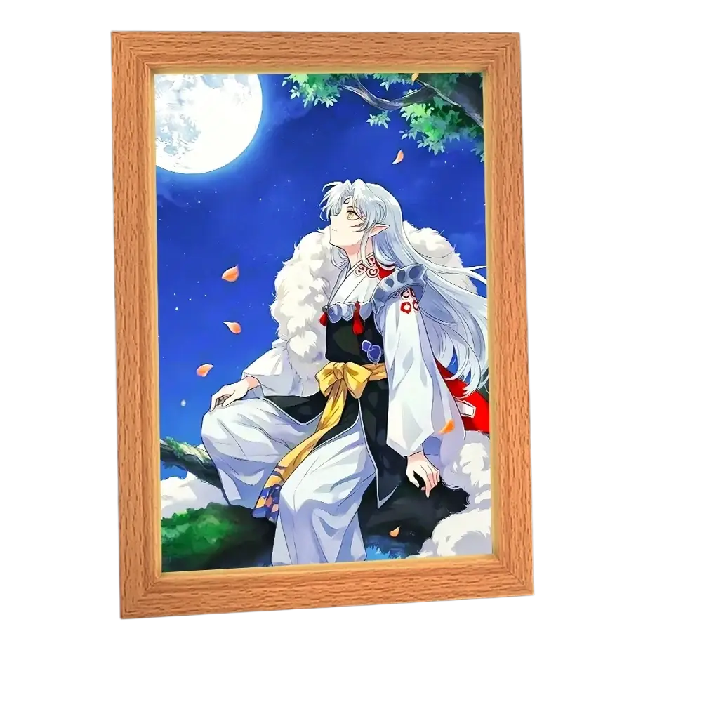 Wooden-framed lighting painting decoration featuring an illuminated anime character with white hair under a full moon