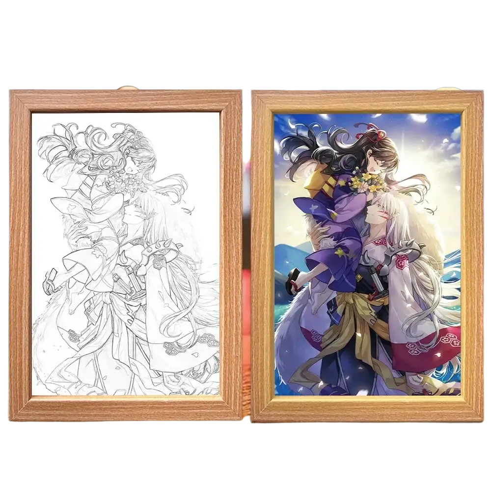 Wooden-framed lighting painting decoration inuyasha led night light with three-color changing feature and traditional japanese art panel