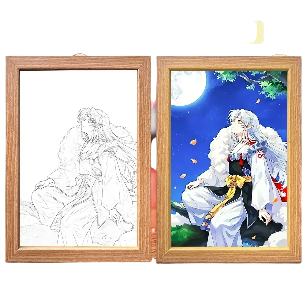 Wooden-framed inuyasha anime lighting painting decoration with three-color changing led night light feature