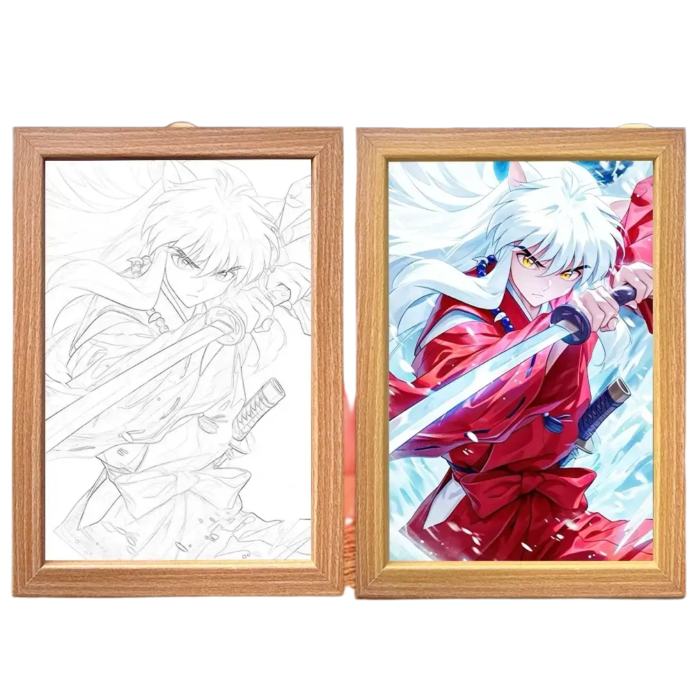 Wooden-framed lighting painting decoration featuring an anime character portrait with three-color led light effect