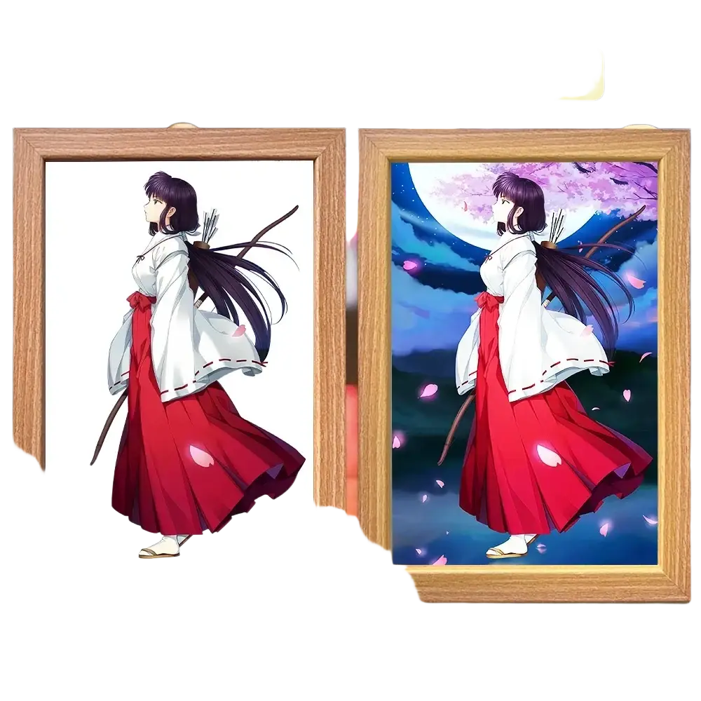 Wooden-framed lighting painting decoration featuring an illuminated anime character with color-changing led light backgrounds