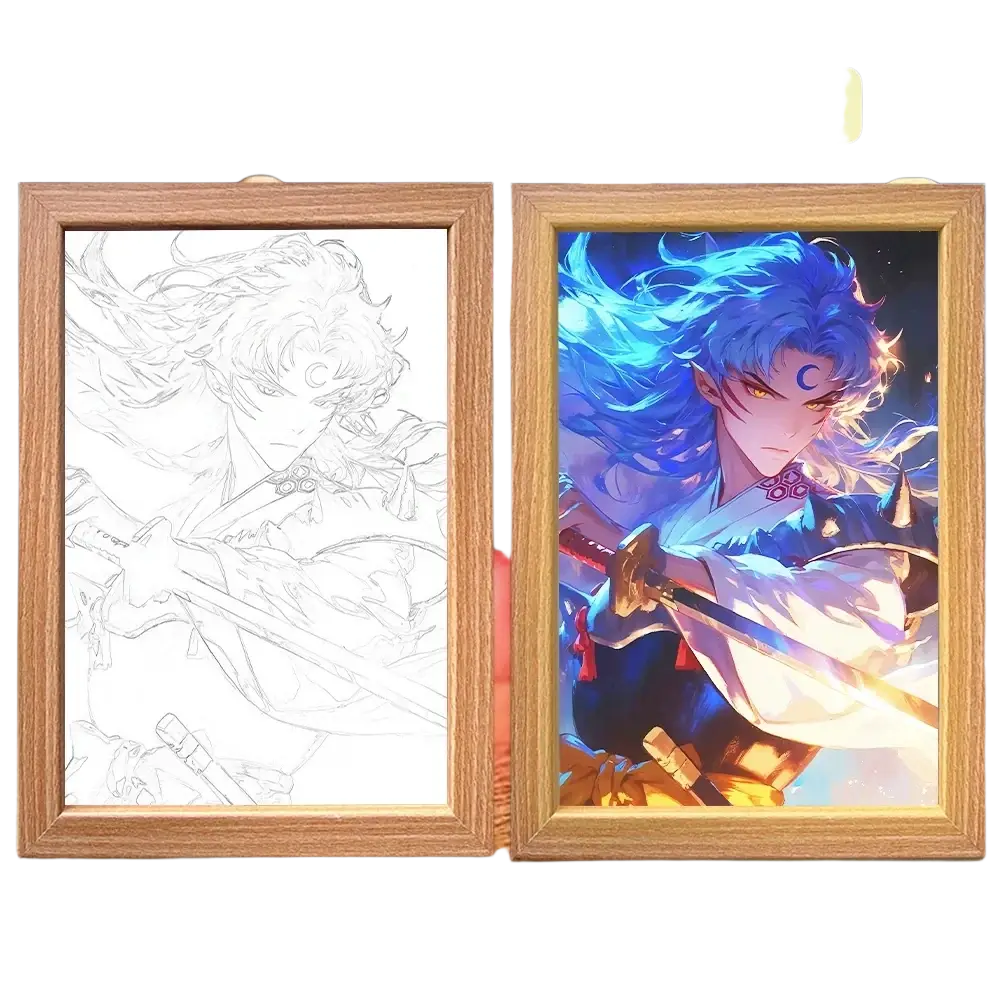 Wooden-framed lighting painting decoration featuring an led night light with blue-haired anime character and color-changing lights