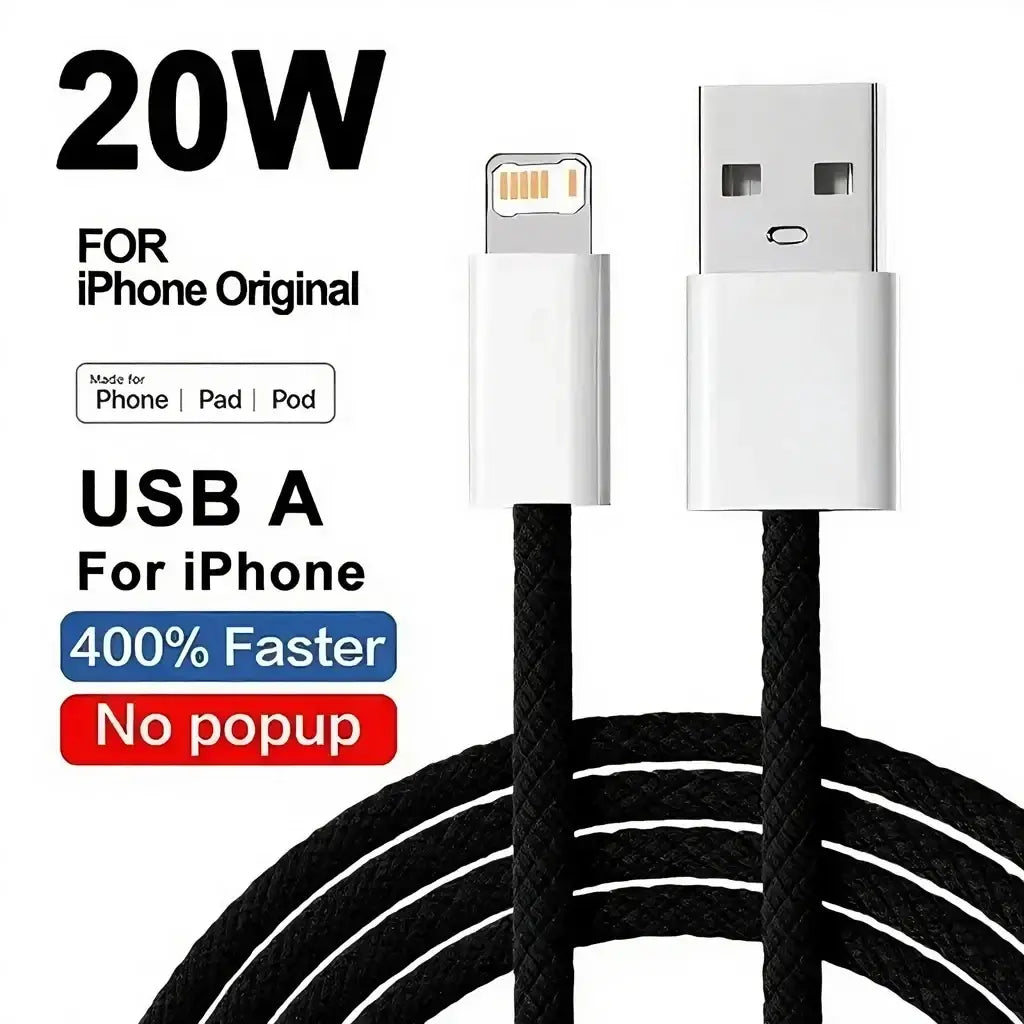 Black braided usb-a to lightning cable with white connectors designed for iphone original devices fast charging 20w