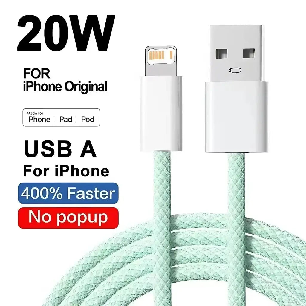 A mint green braided usb-a to lightning cable for iphone with 20w fast charging and no popup design