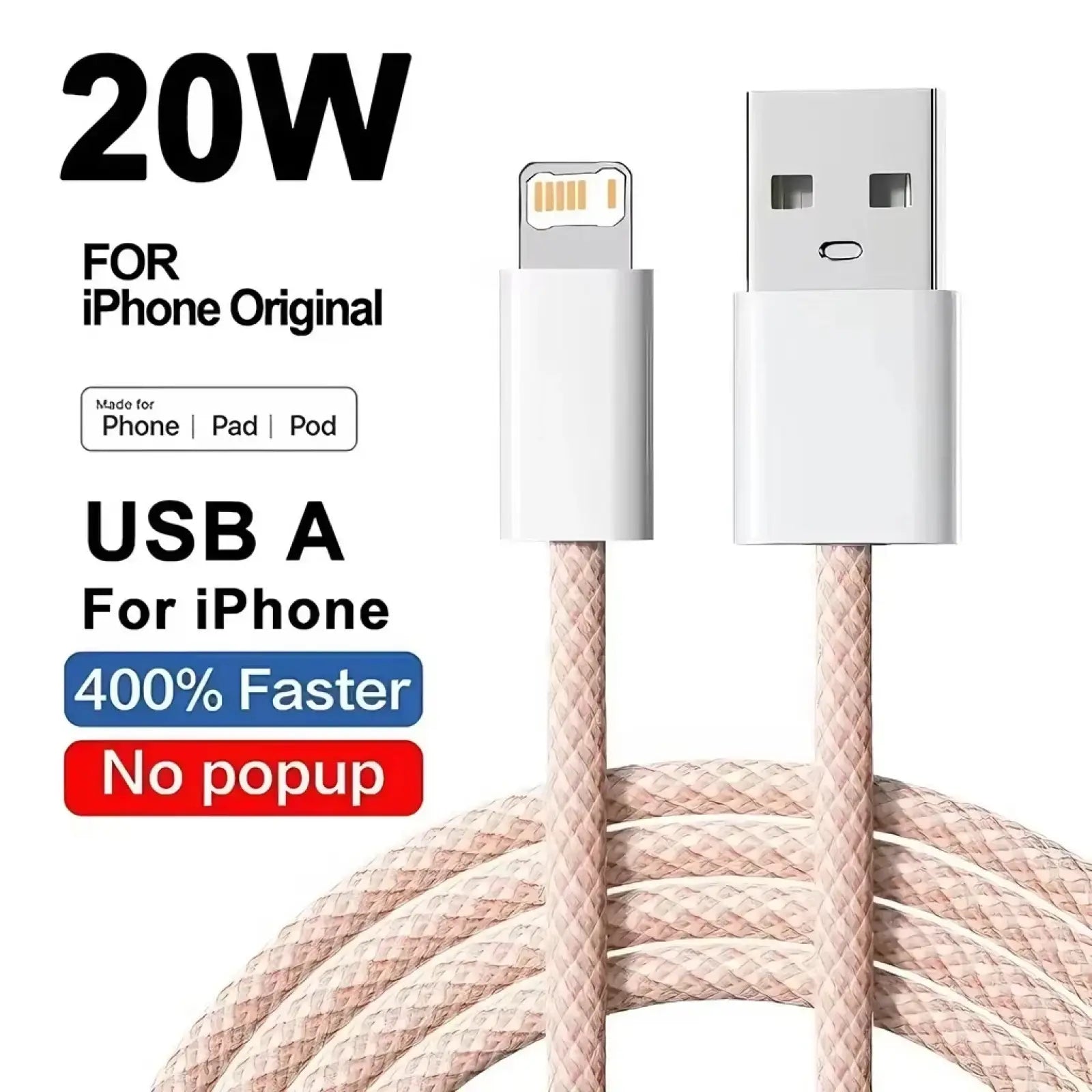Beige braided usb-a to lightning cable for iphone with 20w fast charging and no popup design