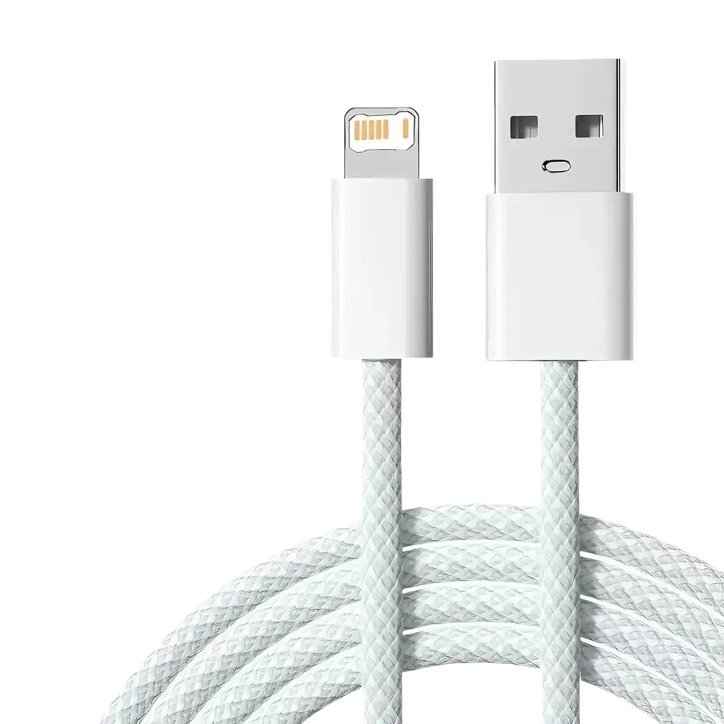 White braided usb-a to lightning cable for iphone with 20w fast charging capability for efficient power delivery