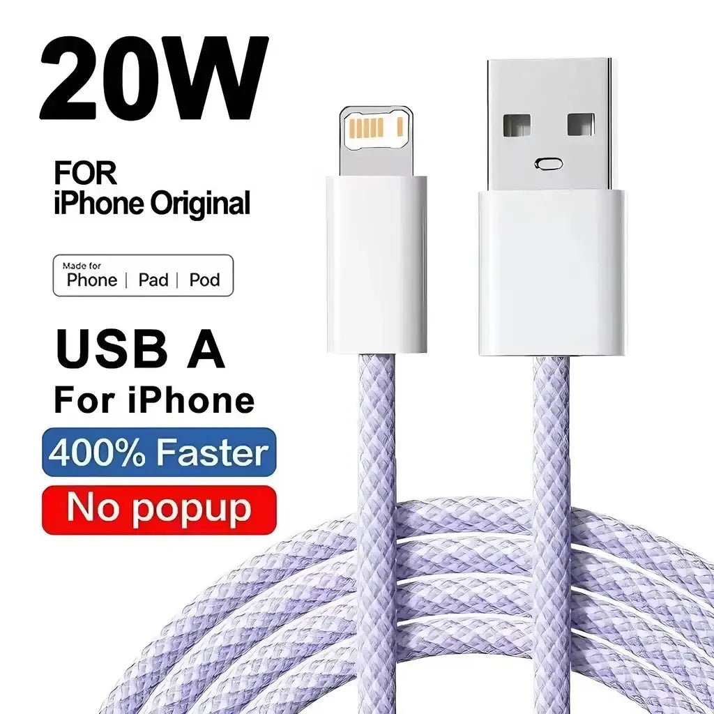 White braided usb-a to lightning cable for iphone with 20w fast charging suitable for efficient device power delivery
