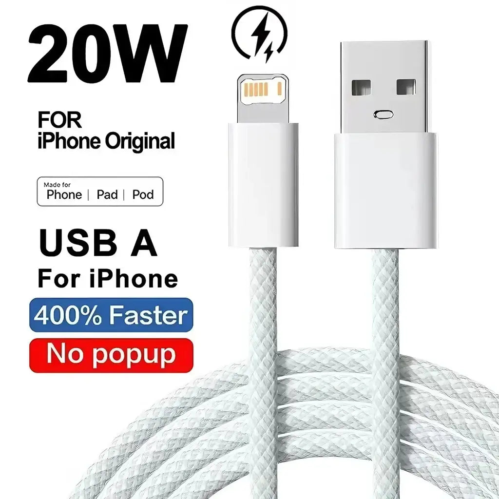 White braided usb-a to lightning cable for iphone with 20w fast charging capability designed for durability
