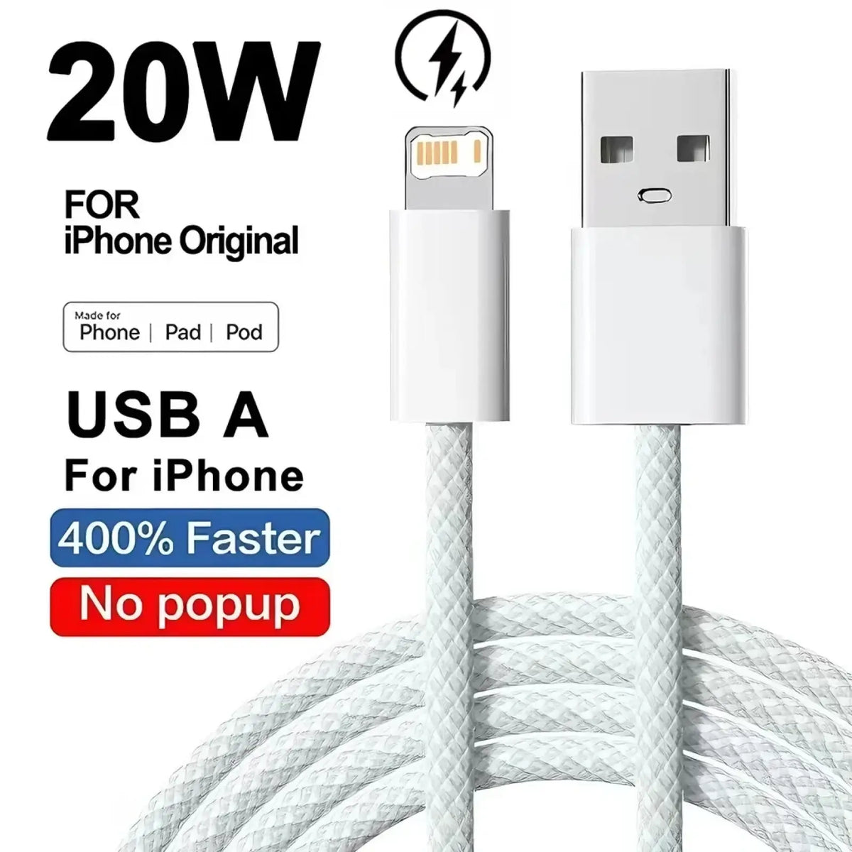 White braided usb-a to lightning cable for iphone with 20w fast charging capability designed for durability