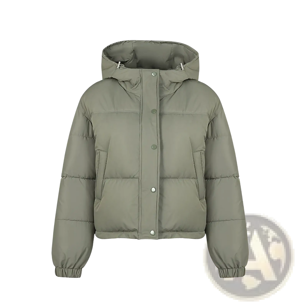 Olive green lightweight cotton quilted hooded puffer jacket with button closure and elastic cuffs shown from the back side