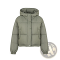Olive green lightweight cotton quilted hooded puffer jacket with button closure and elastic cuffs shown from the back side