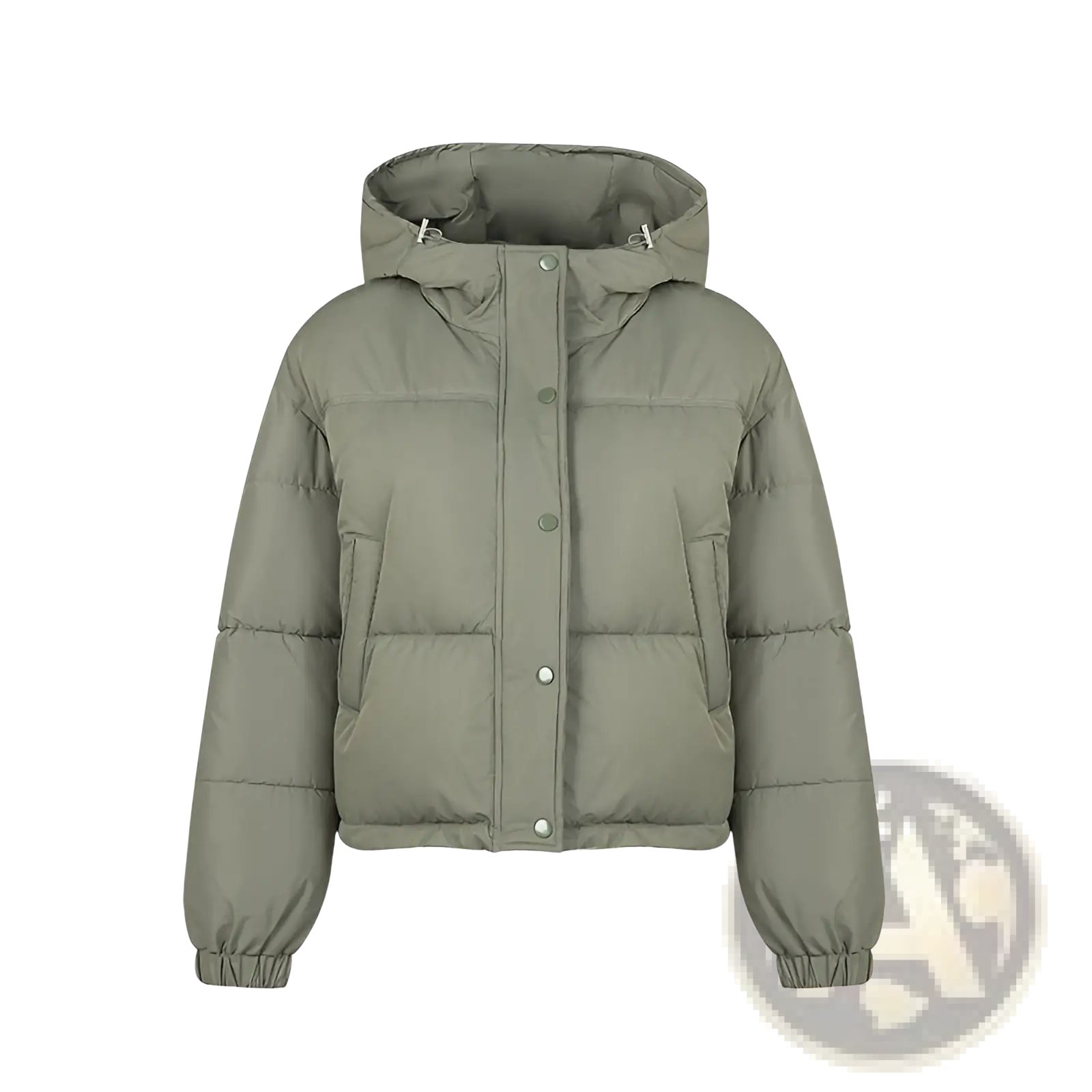 Olive green lightweight cotton quilted hooded puffer jacket with button closure and elastic cuffs shown from the back side