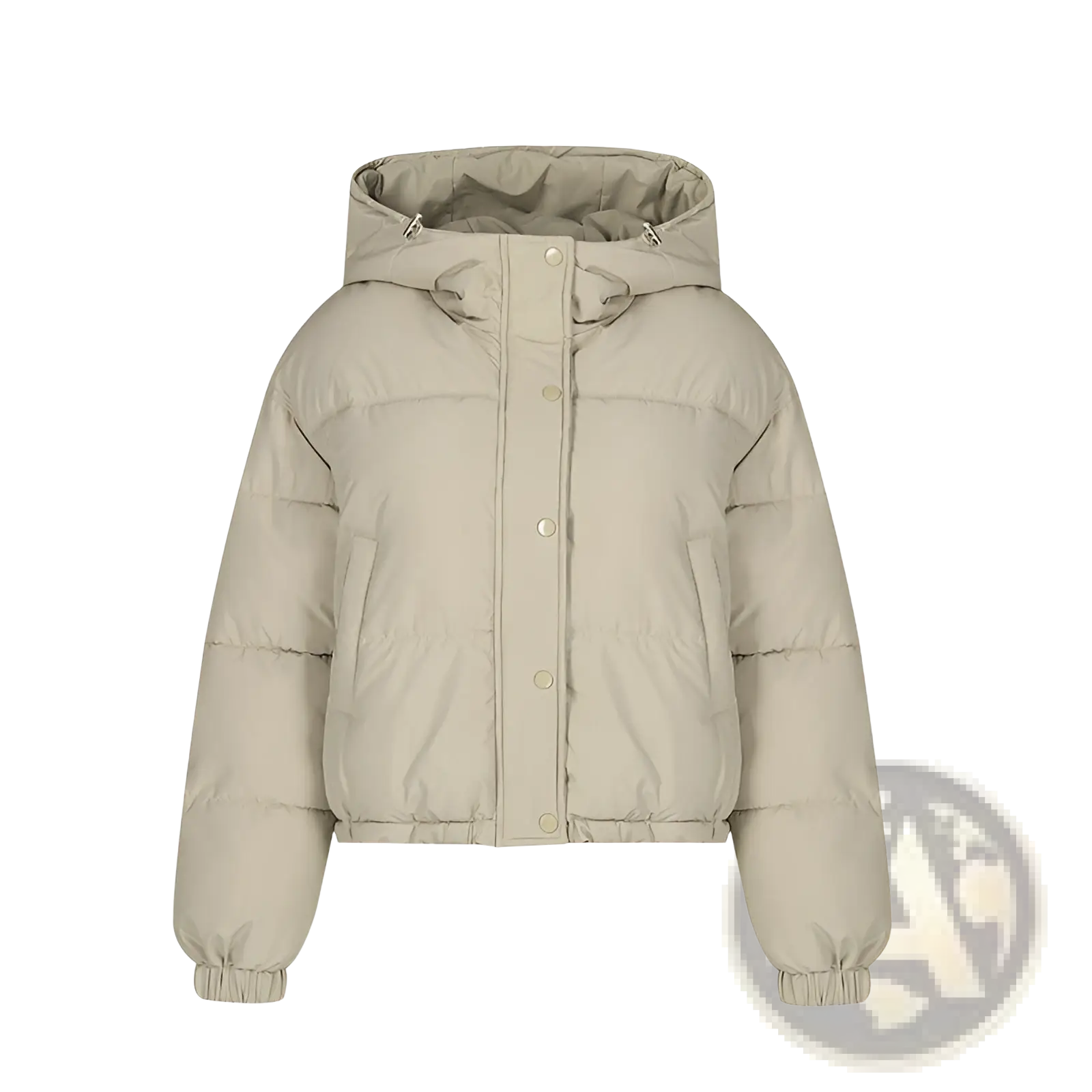 Beige lightweight cotton hooded puffer jacket with button closure and elastic cuffs visible from the back side