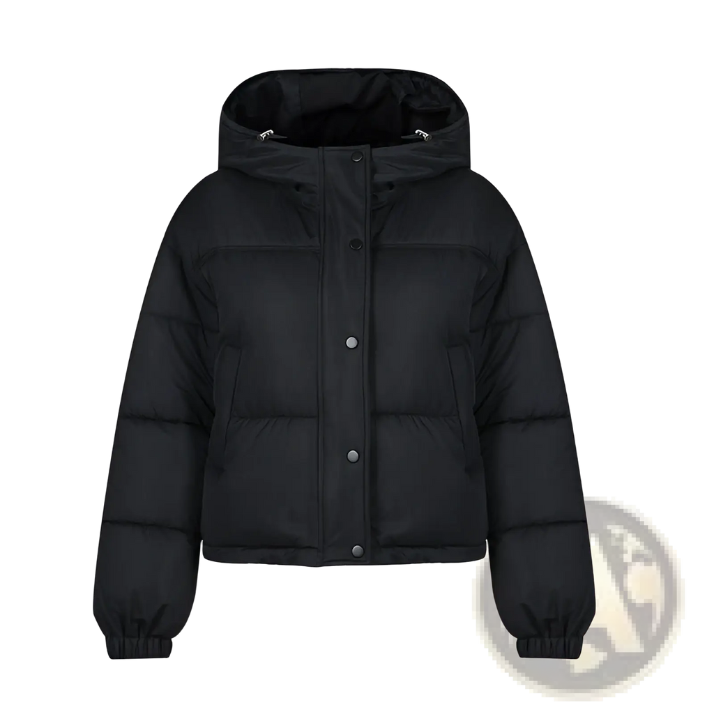 Lightweight cotton hooded black puffer jacket with silver buttons and elastic cuffs for warmth and comfort