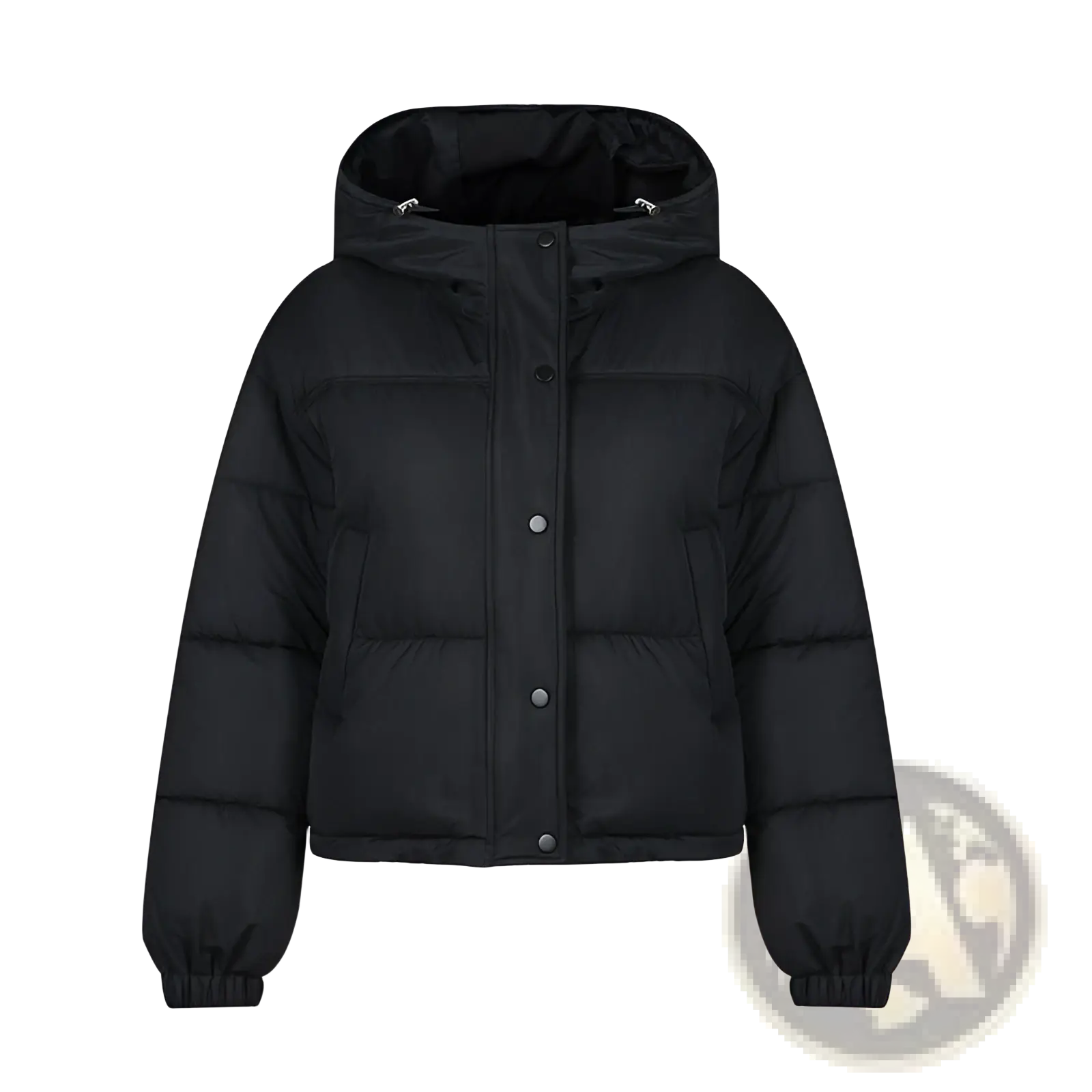 Lightweight cotton hooded black puffer jacket with silver buttons and elastic cuffs for warmth and comfort