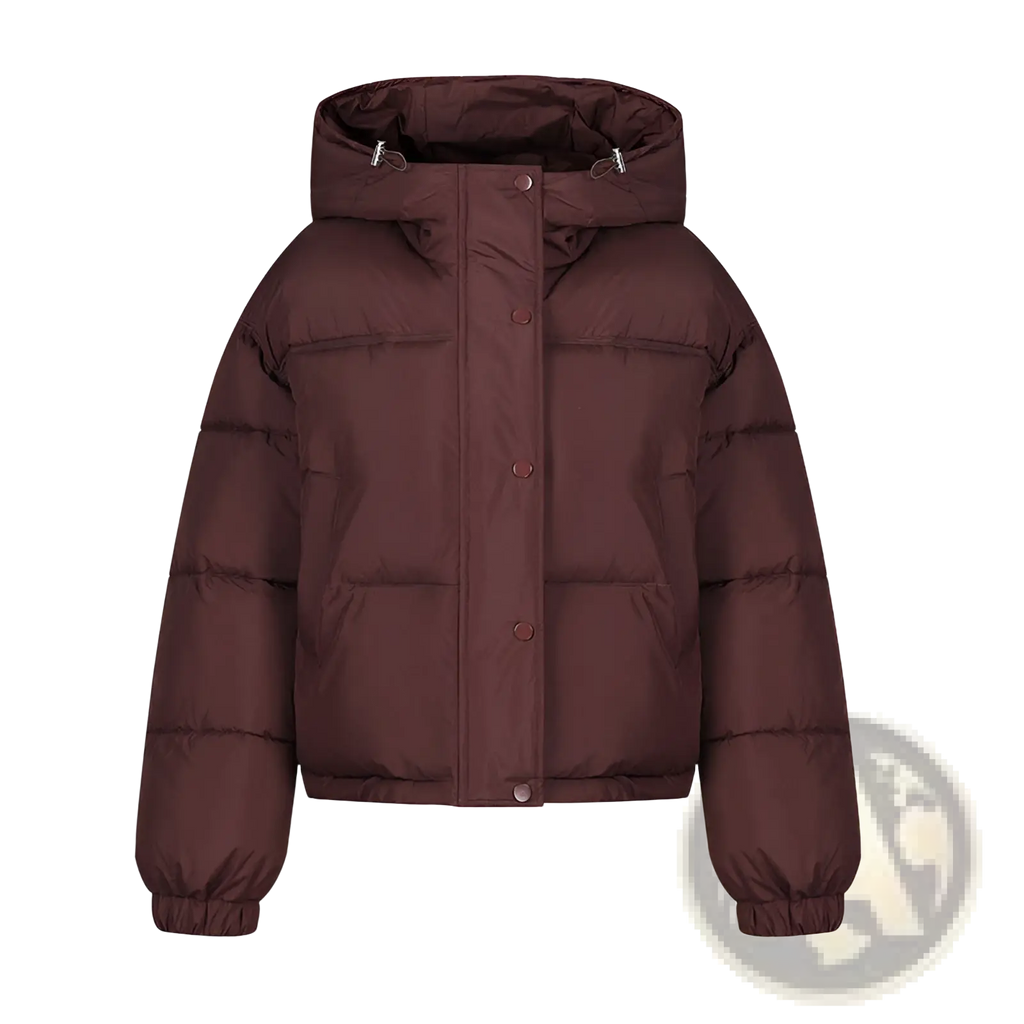 A cozy dark brown lightweight cotton hooded puffer jacket with button closures for casual wear