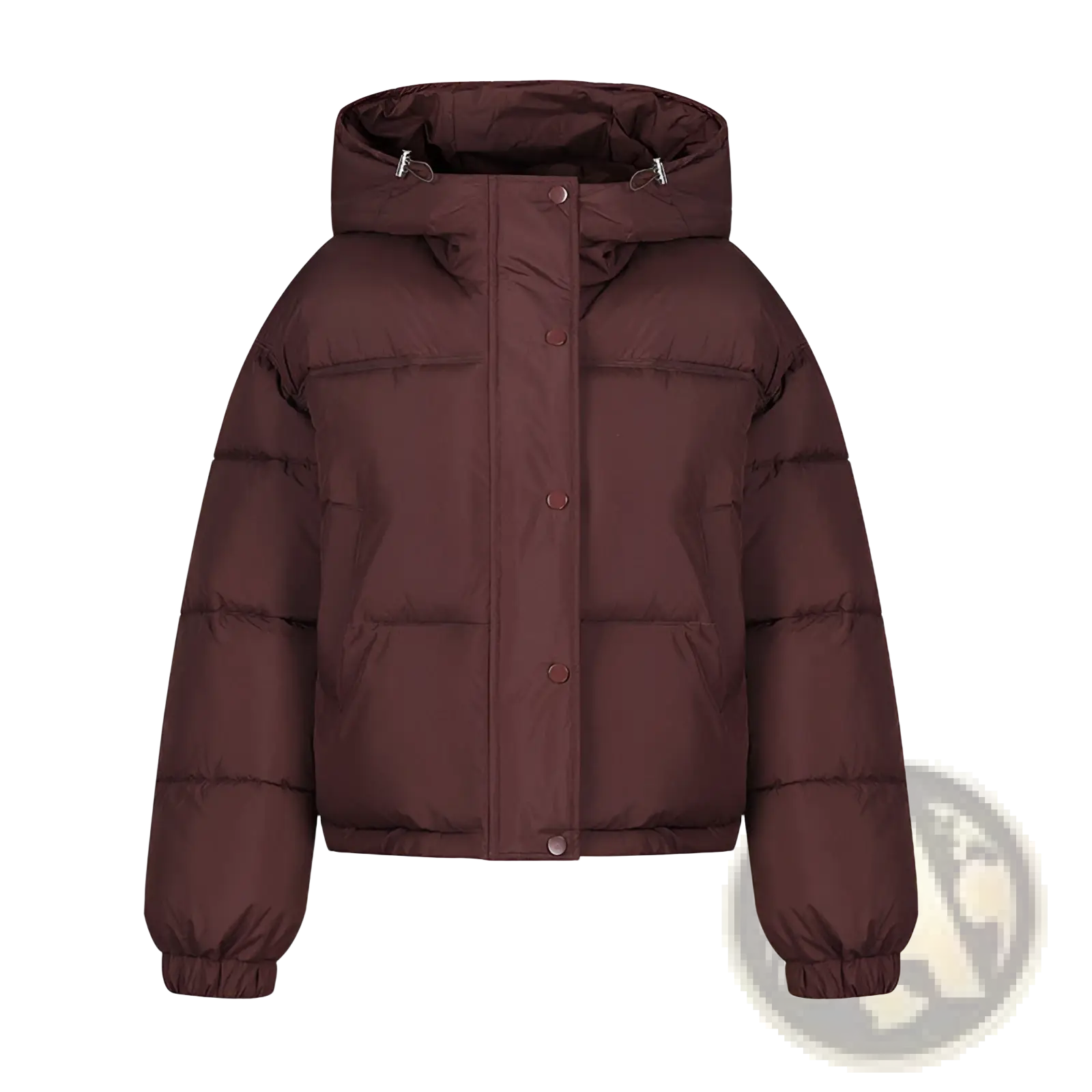 A cozy dark brown lightweight cotton hooded puffer jacket with button closures for casual wear