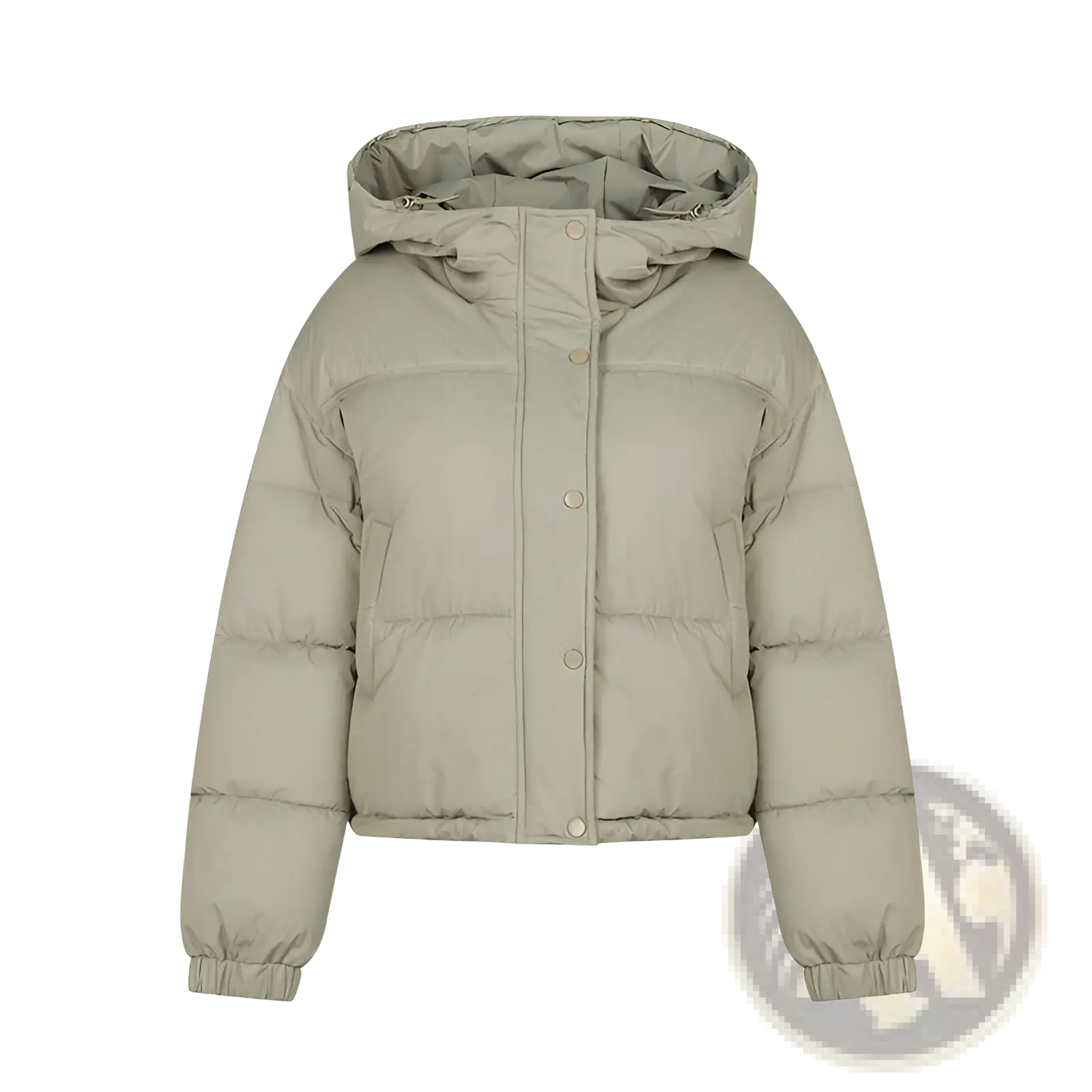 A cozy olive green lightweight cotton hooded puffer jacket with button closure for casual wear
