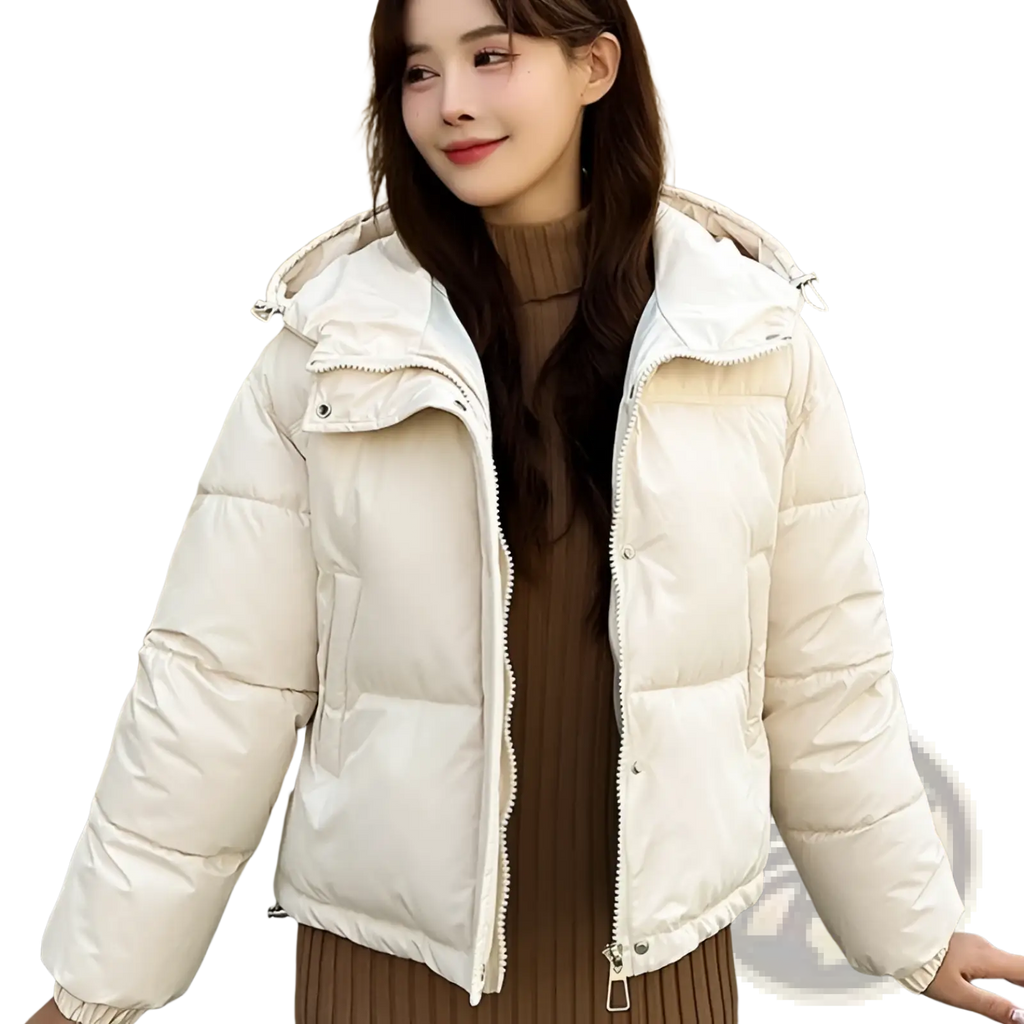 Cream-colored lightweight cotton puffer jacket with hood and quilted design for casual cold weather wear