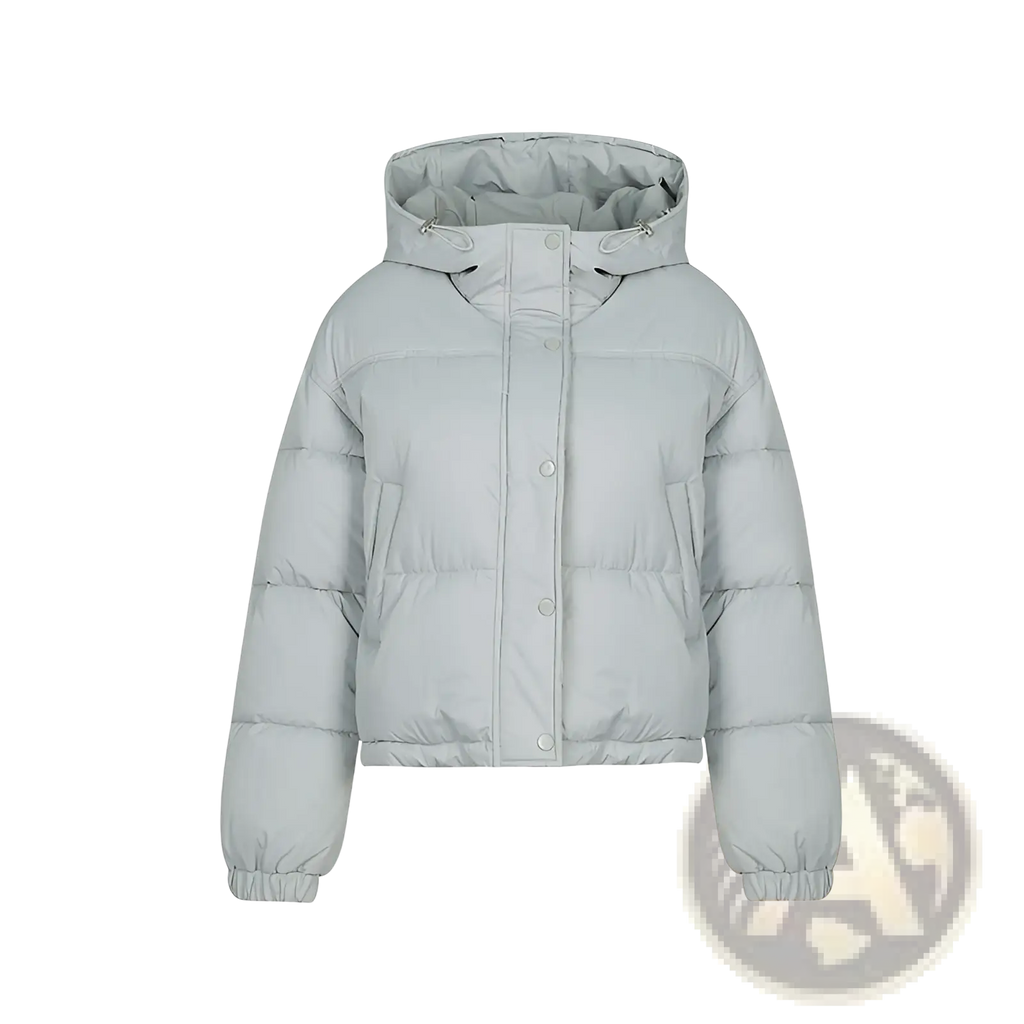 Light gray lightweight cotton puffer jacket with hood button front closure and elastic cuffs for cold weather