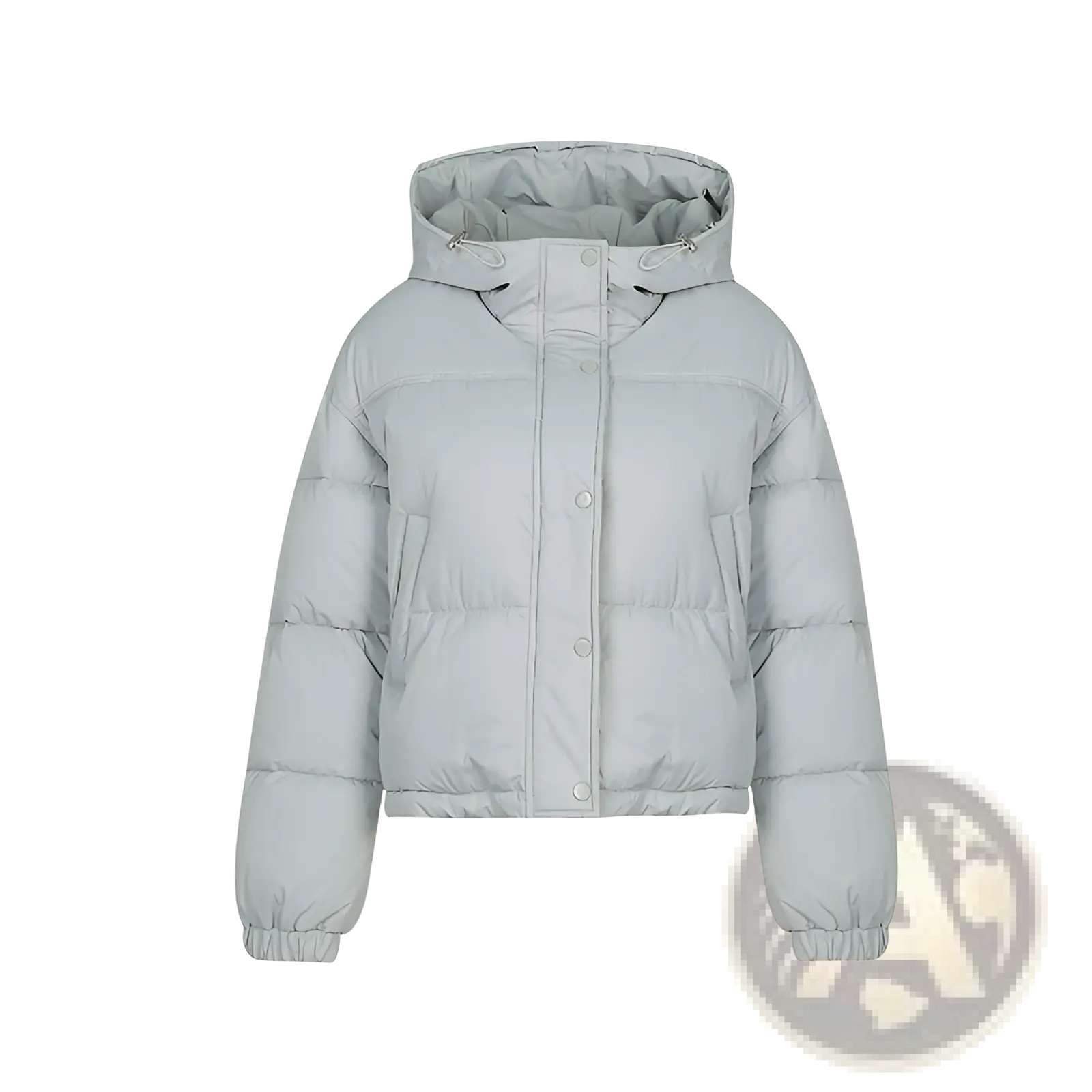 Light gray lightweight cotton puffer jacket with hood button front closure and elastic cuffs for cold weather