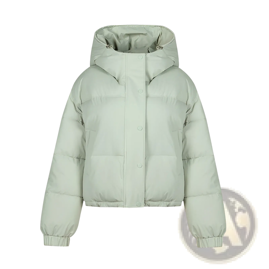 Light mint green lightweight cotton hooded puffer jacket with button front closure and elastic cuffs