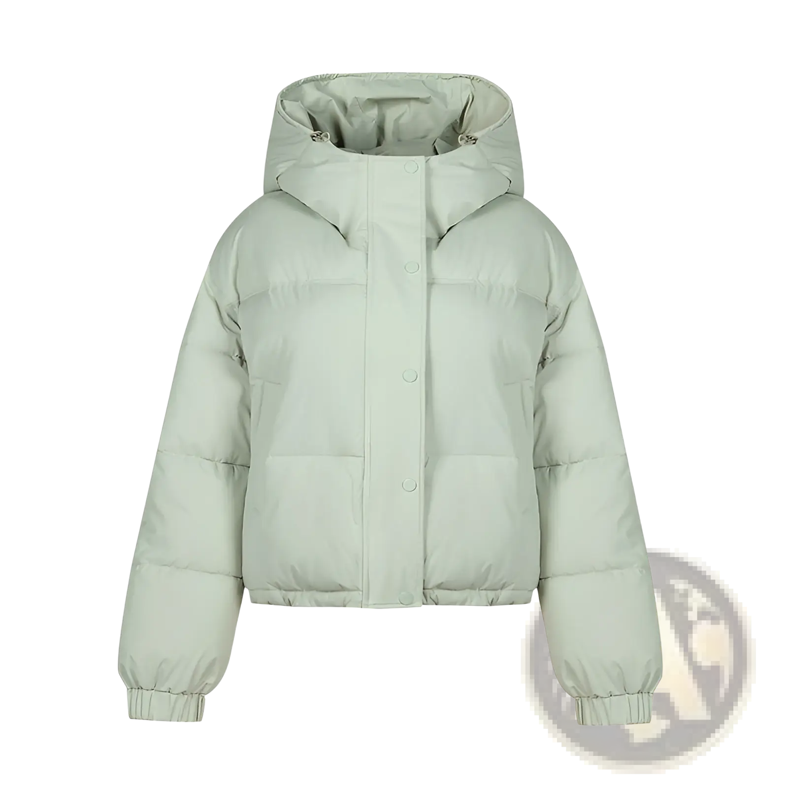 Light mint green lightweight cotton hooded puffer jacket with button front closure and elastic cuffs