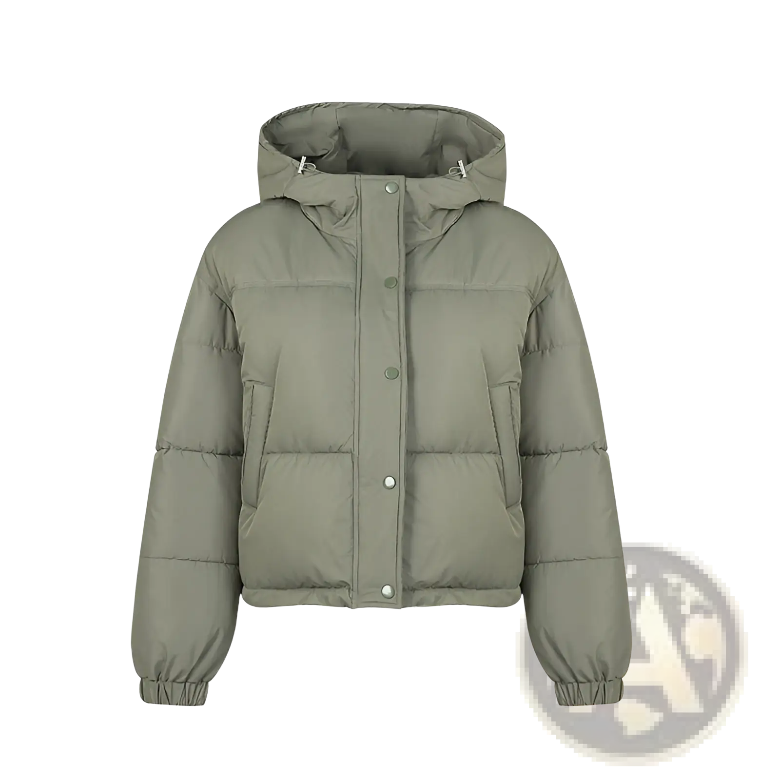 Lightweight cotton olive green puffer jacket with hood elastic cuffs and front button closure