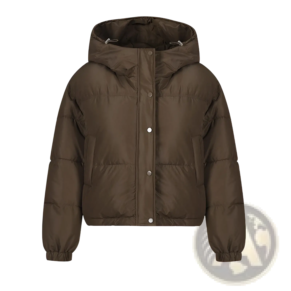 Olive green lightweight cotton hooded puffer jacket with front button closure and elastic cuffs
