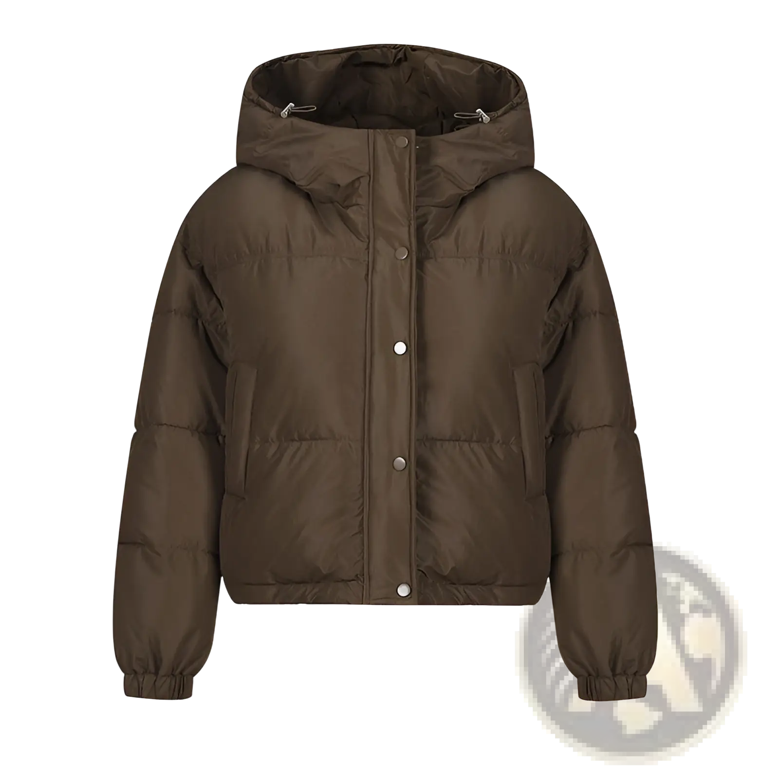 Olive green lightweight cotton hooded puffer jacket with front button closure and elastic cuffs