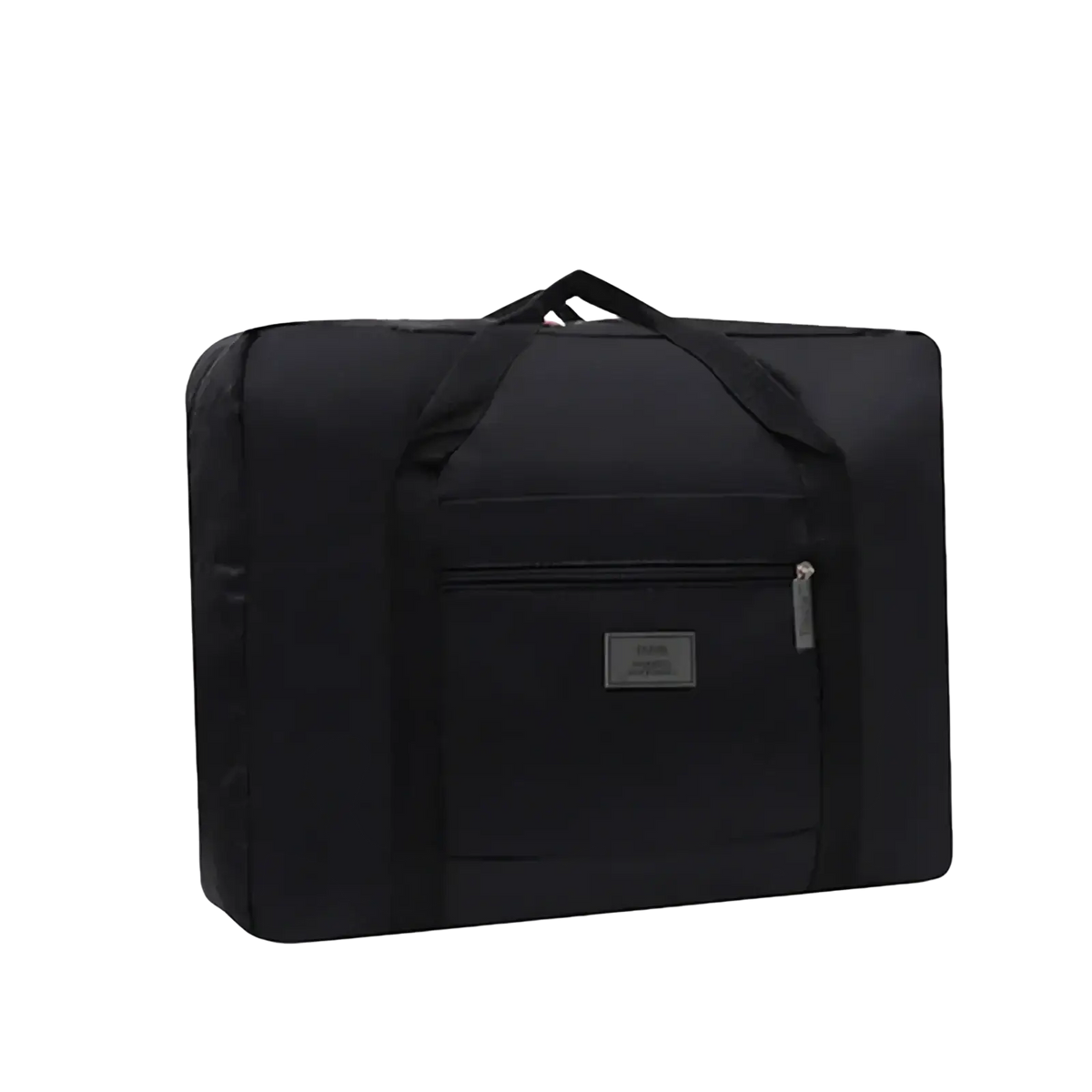 Black lightweight foldable travel duffel bag made of durable material with front zippered pocket and sturdy handles